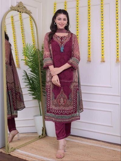 Burgandy Soft Muslin Suit Set with Dupatta - BONYHUBSALWAR KAMEEZ