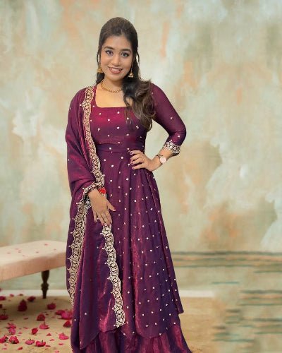 Burgandy Soft Silk Embroidered Anarkali Dupatta Set Of 2 - BONYHUBSALWAR KAMEEZ