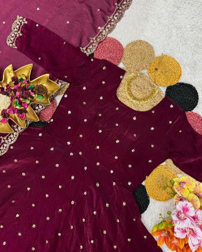 Burgandy Soft Silk Embroidered Anarkali Dupatta Set Of 2 - BONYHUBSALWAR KAMEEZ