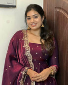 Burgandy Soft Silk Embroidered Anarkali Dupatta Set Of 2 - BONYHUBSALWAR KAMEEZ