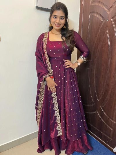 Burgandy Soft Silk Embroidered Anarkali Dupatta Set Of 2 - BONYHUBSALWAR KAMEEZ