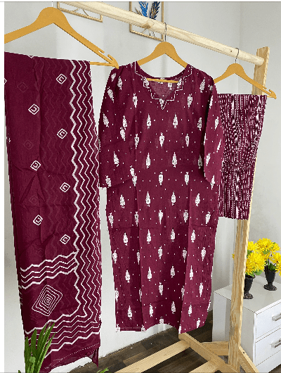 Burgandy Straight Cotton Salwar suit - BONYHUBSALWAR KAMEEZ