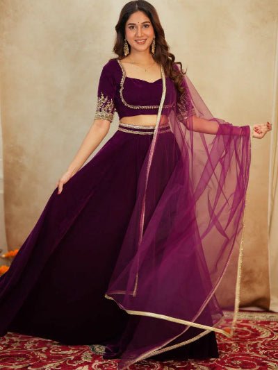 Burgandy Velvet Designer Lehenga Choli Set - BONYHUBSALWAR KAMEEZ