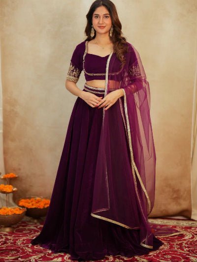 Burgandy Velvet Designer Lehenga Choli Set - BONYHUBSALWAR KAMEEZ