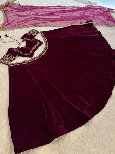 Burgandy Velvet Designer Lehenga Choli Set - BONYHUBSALWAR KAMEEZ