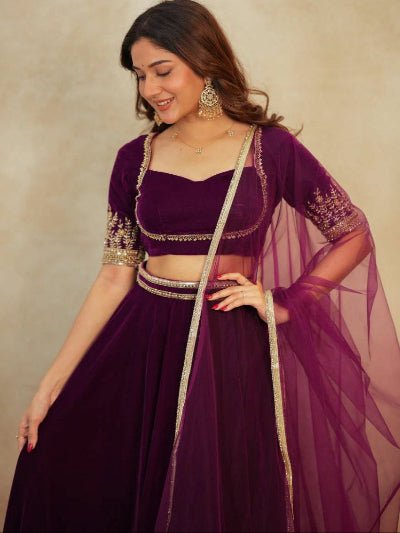 Burgandy Velvet Designer Lehenga Choli Set - BONYHUBSALWAR KAMEEZ
