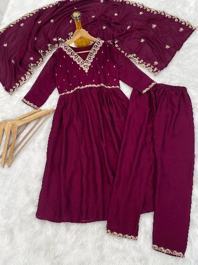 Burgandy Vichitra Silk Alia Cut Anarkali Suit Set - BONYHUBSALWAR KAMEEZ