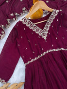 Burgandy Vichitra Silk Alia Cut Anarkali Suit Set - BONYHUBSALWAR KAMEEZ