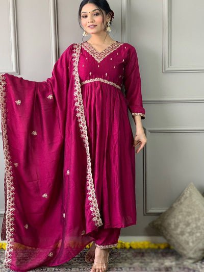 Burgandy Vichitra Silk Alia Cut Anarkali Suit Set - BONYHUBSALWAR KAMEEZ