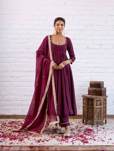 Burgandy Vichitra Silk Beads Work Anarkali Suit UK Next Day - BONYHUBSALWAR KAMEEZ