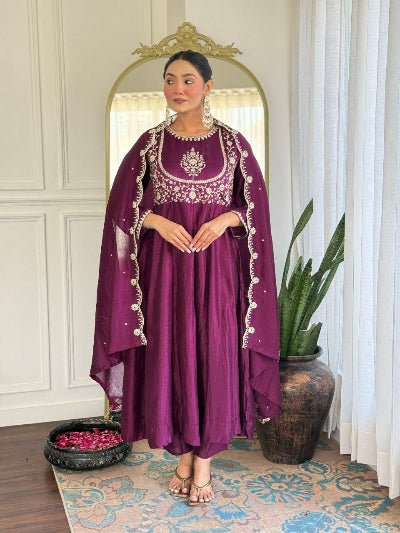 Burgandy Vichitra Silk Exquisite Anarkali Suit Set - BONYHUBSALWAR KAMEEZ