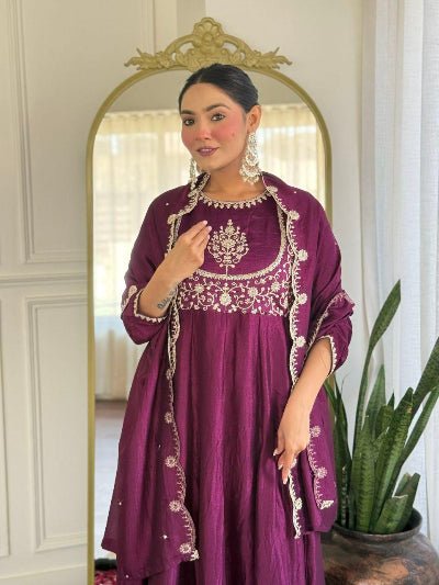 Burgandy Vichitra Silk Exquisite Anarkali Suit Set - BONYHUBSALWAR KAMEEZ