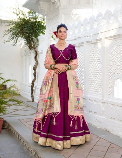 Burgandy Vichitra Silk Lehenga Set With Paithani Dupatta - BONYHUBSALWAR KAMEEZ