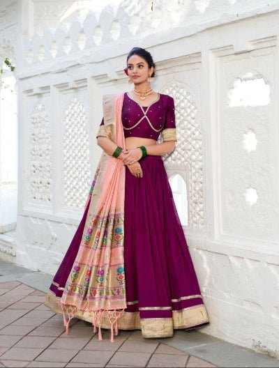 Burgandy Vichitra Silk Lehenga Set With Paithani Dupatta - BONYHUBSALWAR KAMEEZ