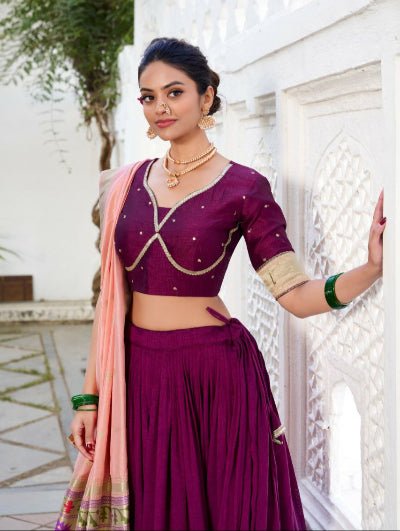Burgandy Vichitra Silk Lehenga Set With Paithani Dupatta - BONYHUBSALWAR KAMEEZ