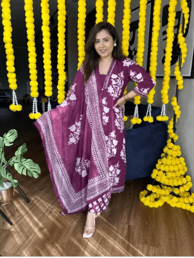 Burgandy White Cotton Salwar Suit Set - BONYHUBSALWAR KAMEEZ