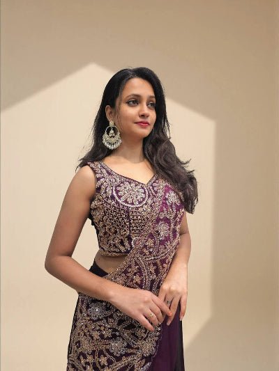 Burgundy Designer Lehenga Saree &amp; Embroidered Blouse UK Next Day - BONYHUBSAREE