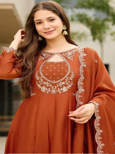 Burnt Orange Embroidery Cutwork Anarkali Suit - BONYHUBSALWAR KAMEEZ