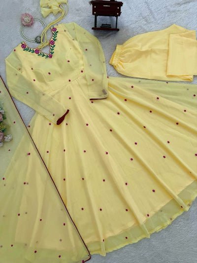 Butter Yellow Georgette Embroidered Anarkali Suit for Women - BONYHUBSALWAR KAMEEZ