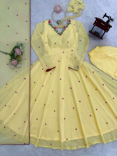 Butter Yellow Georgette Embroidered Anarkali Suit for Women - BONYHUBSALWAR KAMEEZ