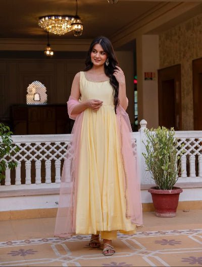 Butter Yellow Sleeveless Anarkali Suit with Blush Pink Net Dupatta for Women - BONYHUBSALWAR KAMEEZ