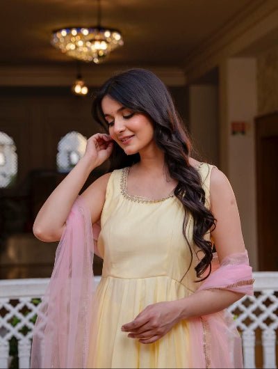 Butter Yellow Sleeveless Anarkali Suit with Blush Pink Net Dupatta for Women - BONYHUBSALWAR KAMEEZ