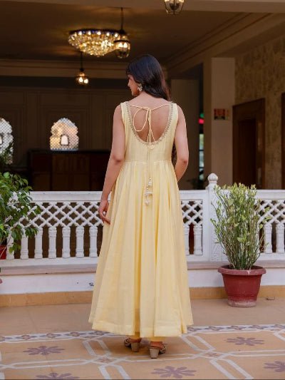 Butter Yellow Sleeveless Anarkali Suit with Blush Pink Net Dupatta for Women - BONYHUBSALWAR KAMEEZ