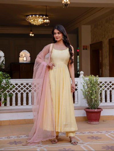 Butter Yellow Sleeveless Anarkali Suit with Blush Pink Net Dupatta for Women - BONYHUBSALWAR KAMEEZ