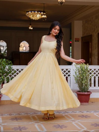 Butter Yellow Sleeveless Anarkali Suit with Blush Pink Net Dupatta for Women - BONYHUBSALWAR KAMEEZ