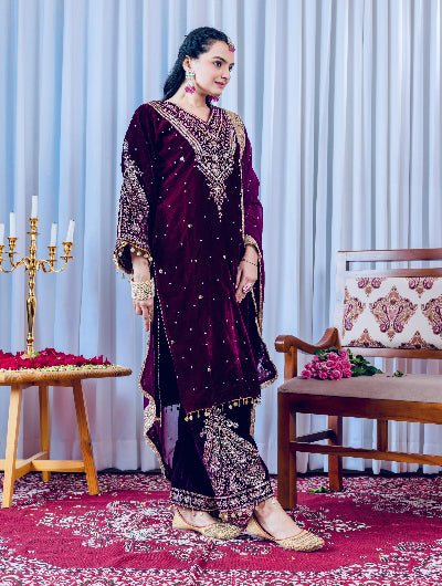 Purple Velvet Embroidery Moti Work Bell Sleeves Suit - BONYHUBSALWAR KAMEEZ