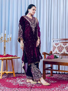 Purple Velvet Embroidery Moti Work Bell Sleeves Suit - BONYHUBSALWAR KAMEEZ