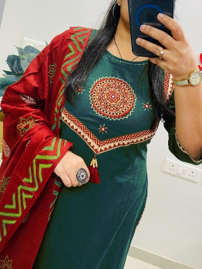 Bottle Green Cotton Handwork Salwar Suit With Red Dupatta - BONYHUBSALWAR KAMEEZ