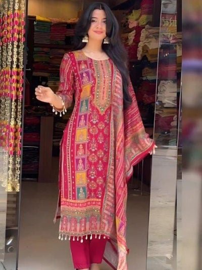 Plus Size Pink Chinon Vibrant Printed Straight Suit Set - BONYHUBSALWAR KAMEEZ