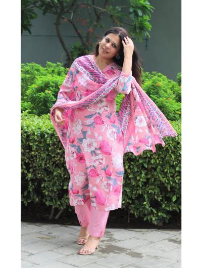 Candy Pink Hand Work Printed Salwar Suit (Set of 3) - BONYHUBSALWAR KAMEEZ