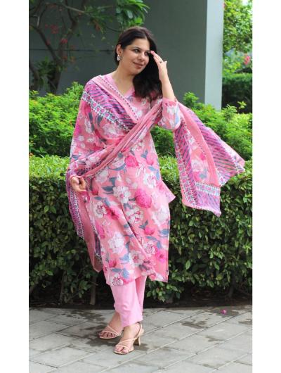 Candy Pink Hand Work Printed Salwar Suit (Set of 3) - BONYHUBSALWAR KAMEEZ