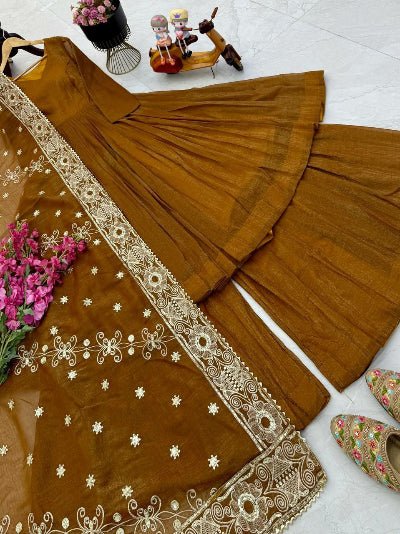Caramel Gold Anarkali Sharara Suit Set - BONYHUBSALWAR KAMEEZ