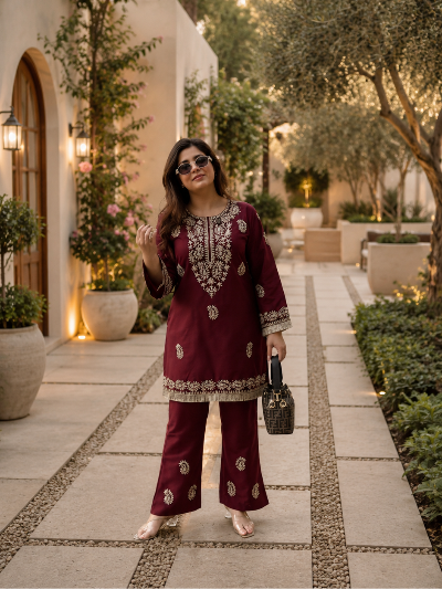 Maroon Rayon Embroidered Kurti Pant Set Of 2