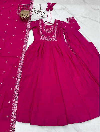 Chanderi Silk Anarkali Gown with Dupatta (2 Pcs) - BONYHUBSALWAR KAMEEZ