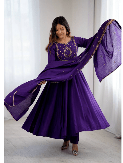 Chanderi Silk Anarkali Gown with Dupatta (2 Pcs) - BONYHUBSALWAR KAMEEZ