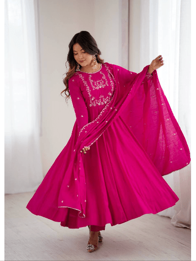 Chanderi Silk Anarkali Gown with Dupatta (2 Pcs) - BONYHUBSALWAR KAMEEZ
