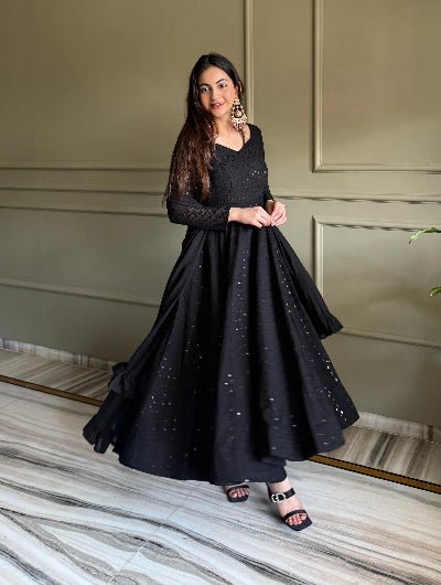 Chikankari Lucknowi Georgette Anarkali Suit-Black &amp; Red - BONYHUBSALWAR KAMEEZ