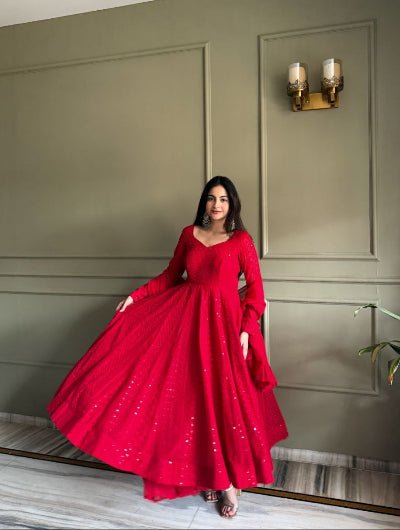 Chikankari Lucknowi Georgette Anarkali Suit-Black &amp; Red - BONYHUBSALWAR KAMEEZ