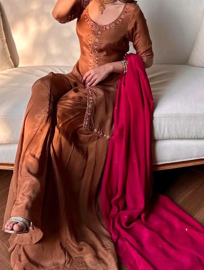 Chocolate Brown Crepe Silk Embroidery Palazzo Suit - BONYHUBSALWAR KAMEEZ