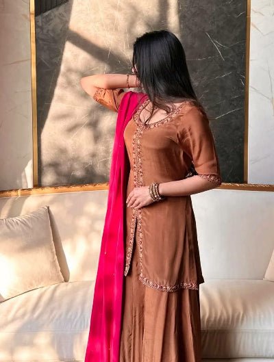 Chocolate Brown Crepe Silk Embroidery Palazzo Suit - BONYHUBSALWAR KAMEEZ