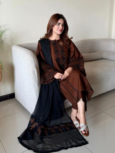 Chocolate Brown Embroidered Roman Silk Suit Set for Women | Asian Ethnic Wear UK - BONYHUBSALWAR KAMEEZ