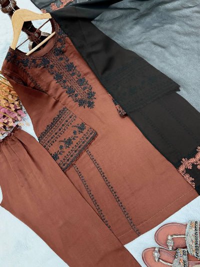 Chocolate Brown Embroidered Roman Silk Suit Set for Women | Asian Ethnic Wear UK - BONYHUBSALWAR KAMEEZ