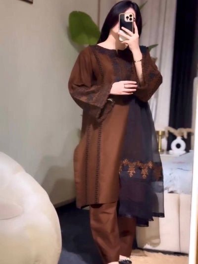 Chocolate Brown Embroidered Roman Silk Suit Set for Women | Asian Ethnic Wear UK - BONYHUBSALWAR KAMEEZ