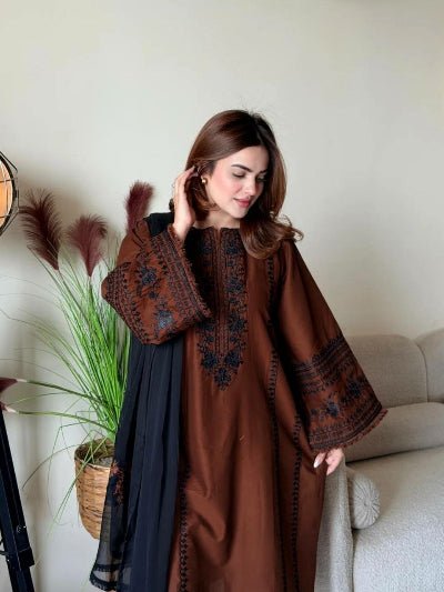 Chocolate Brown Embroidered Roman Silk Suit Set for Women | Asian Ethnic Wear UK - BONYHUBSALWAR KAMEEZ