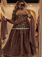 Chocolate Brown Gold Silk Kurti Skirt With Dupatta - BONYHUBSALWAR KAMEEZ