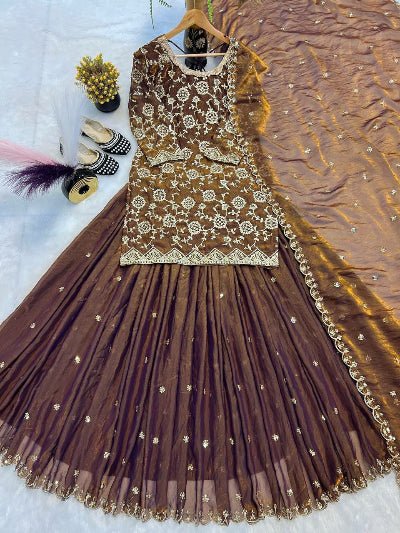 Chocolate Brown Gold Silk Kurti Skirt With Dupatta - BONYHUBSALWAR KAMEEZ